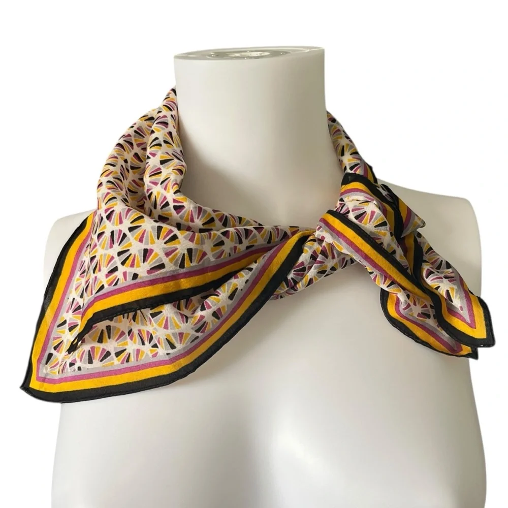 Silk Feel Square Scarf Colorful Geometric Print Lightweight Sheer